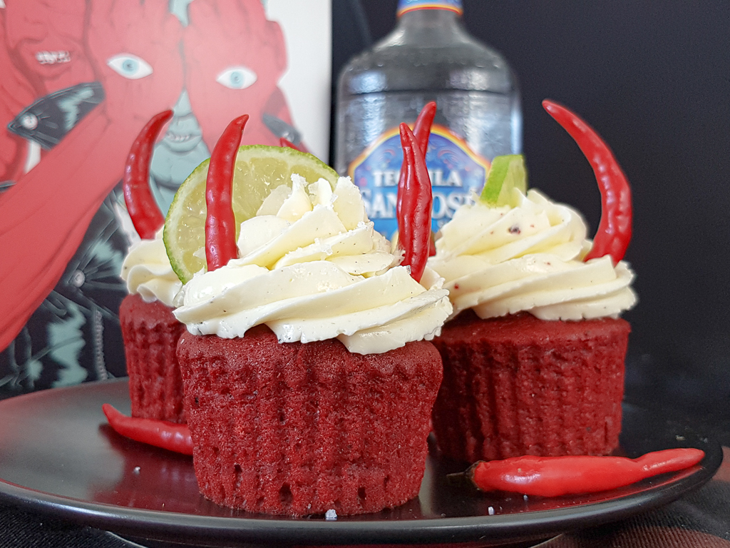 QOTSA inspired Villains red velvet devil cupcakes topped with tequila buttercream