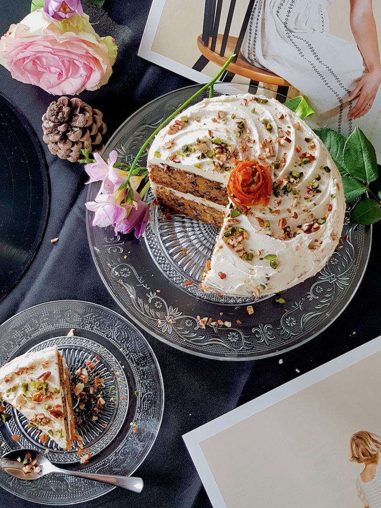 Vegan layer carrot cake with pecan and pistacchio