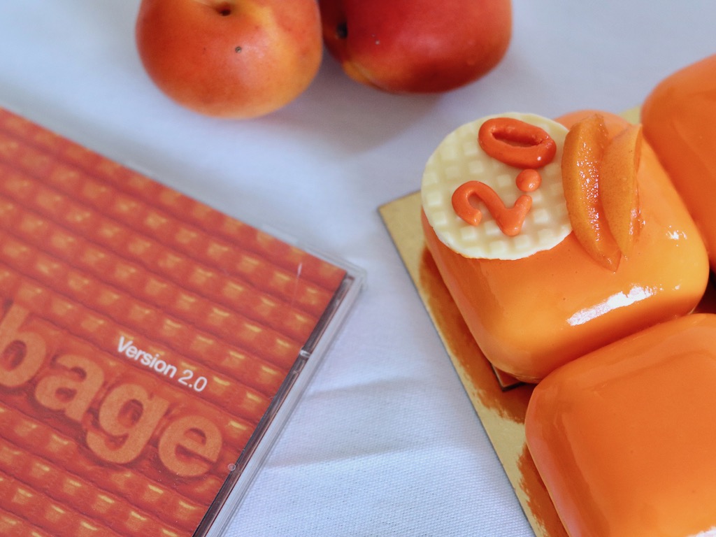 Garbage inspired apricot entremet with orange mirror glaze detail