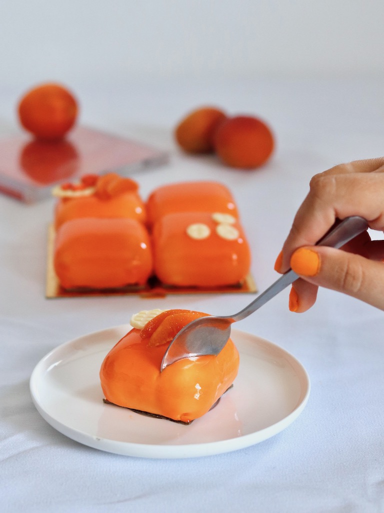 Apricot entremet with orange mirror