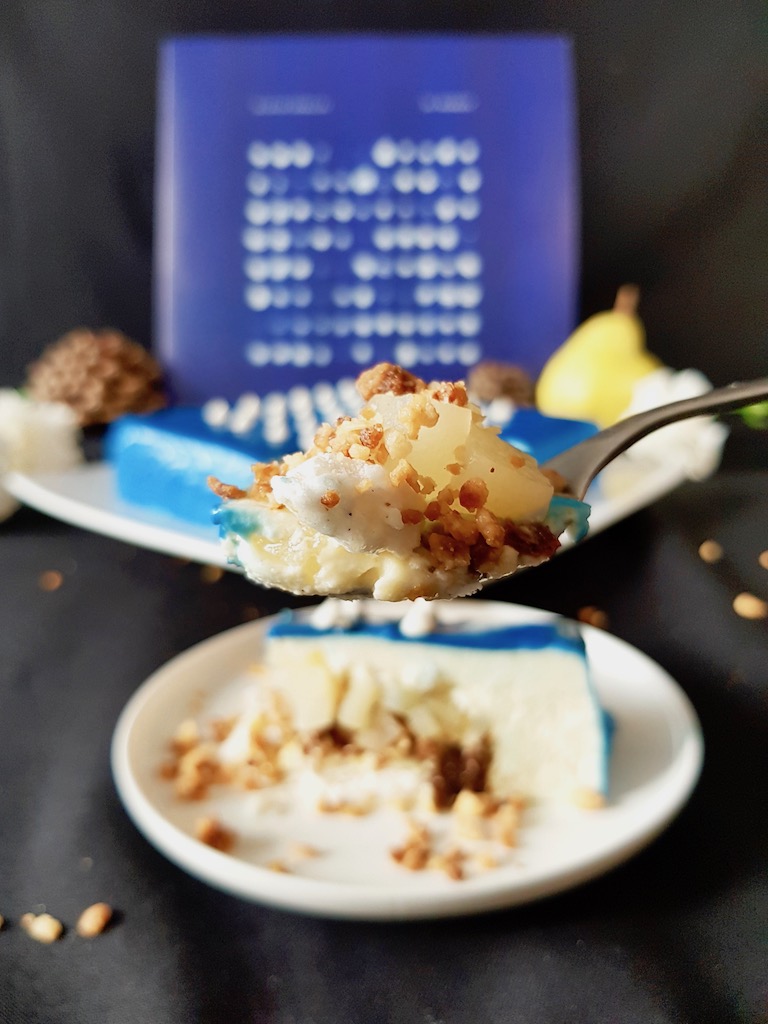 Poached pear and crunchy caramelized oats