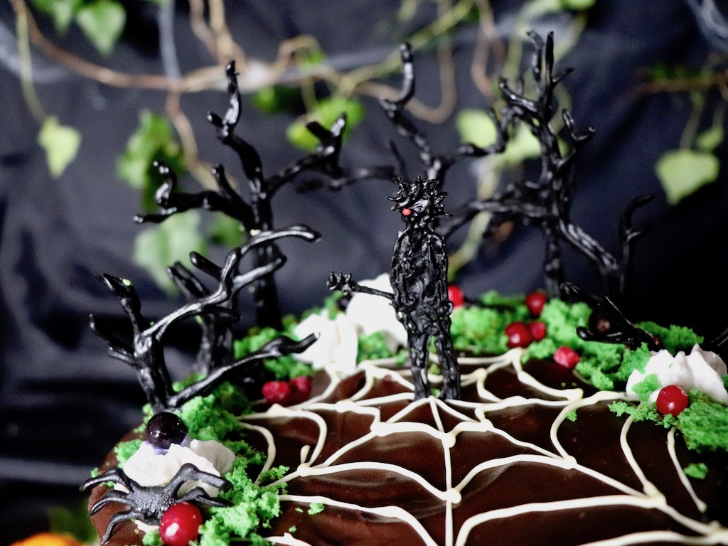 Chocolate layer cake topped with white chocolate spider web and black chocolate figures