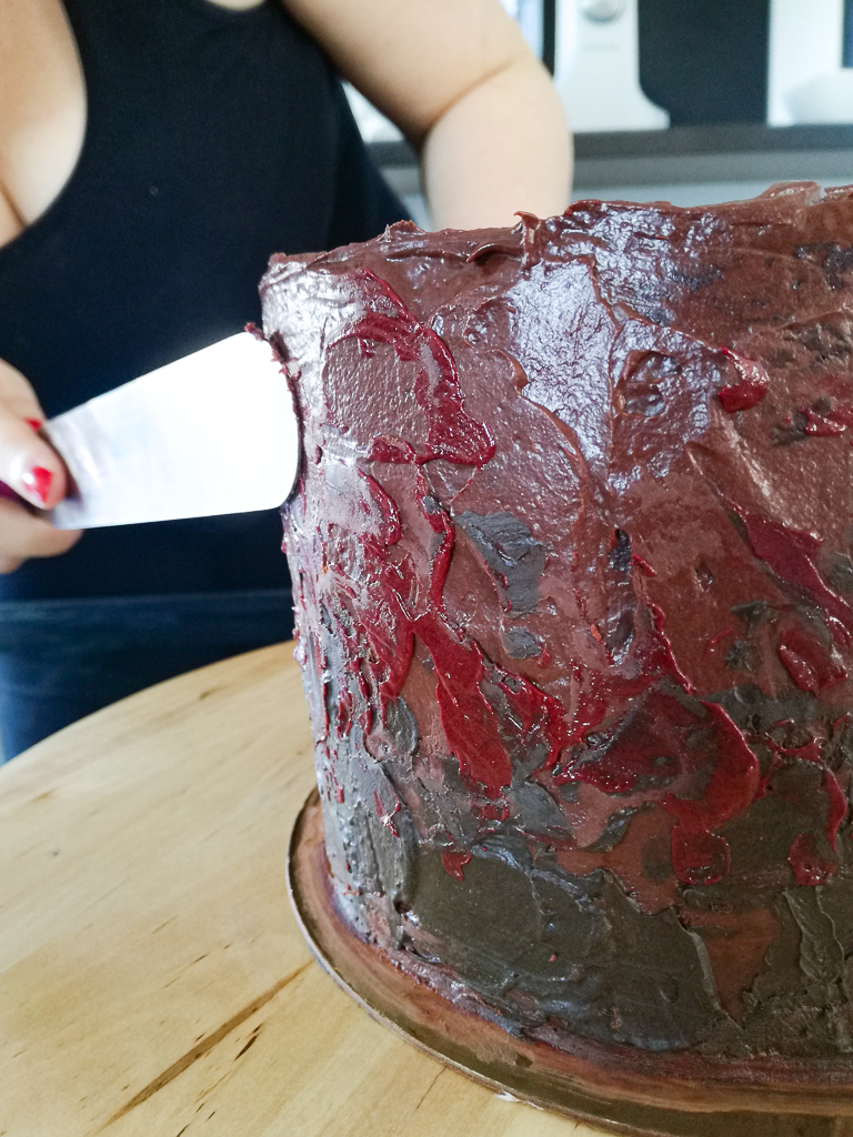 Chocolate layer cake ganache coating