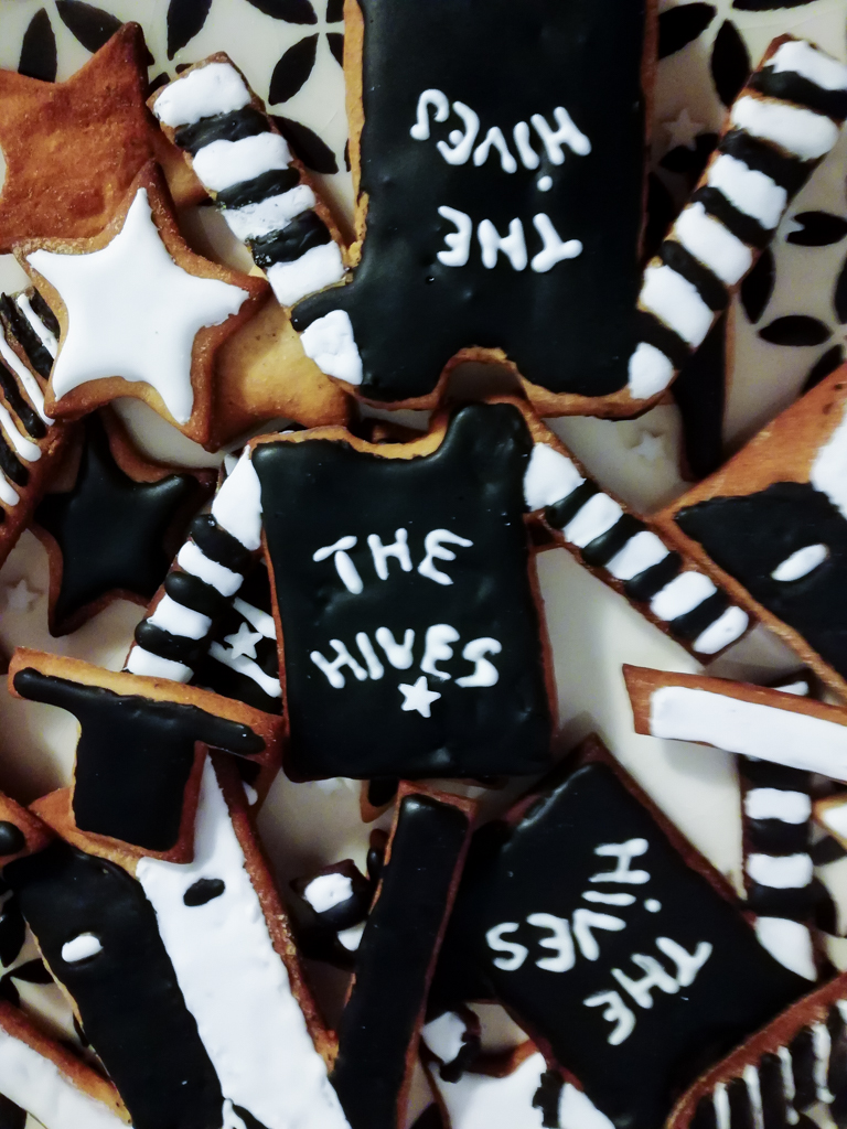 Black and white pepparkakor christmas biscuits inspired by The Hives close up