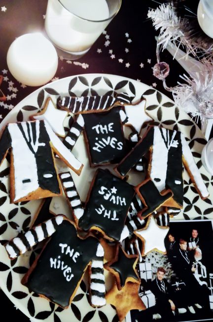 Black and white pepparkakor christmas biscuits inspired by The Hives on a plate