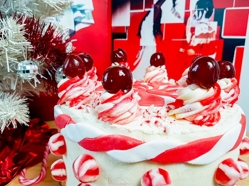 The White Stripes inspired red velvet layer cake peppermint swirl cream detail