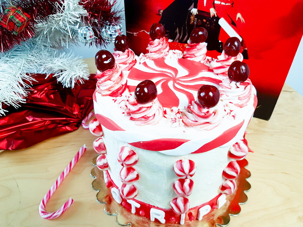 The White Stripes inspired red velvet layer cake peppermint swirl detail