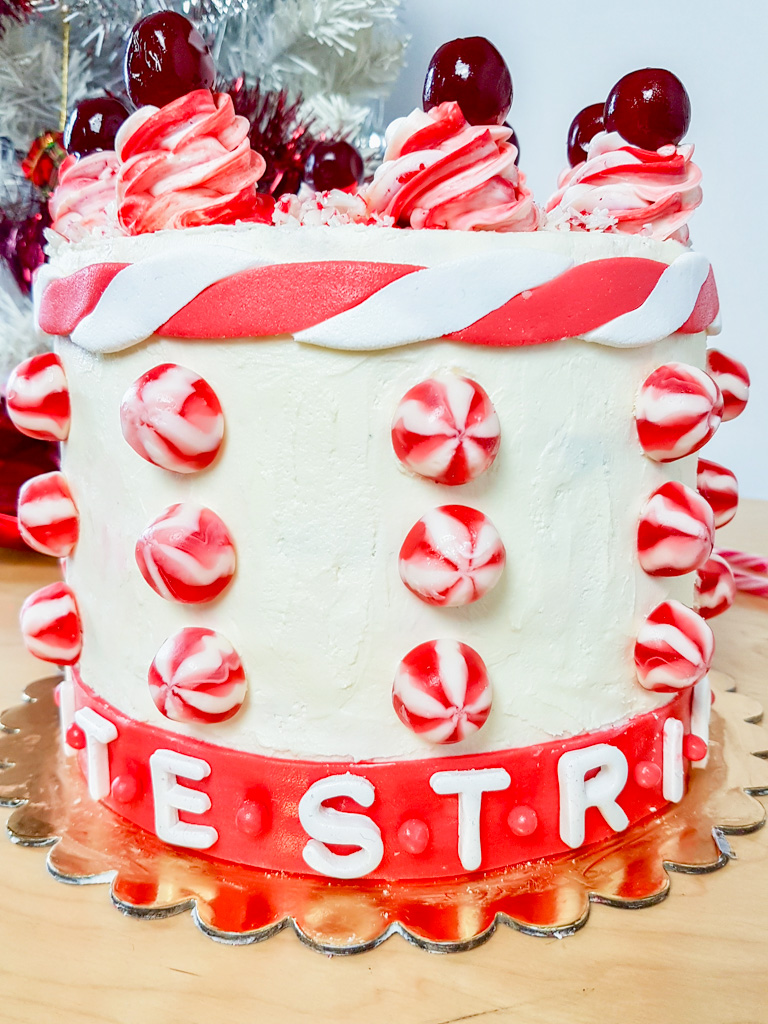 The White Stripes inspired red velvet layer cake peppermint swirl close up