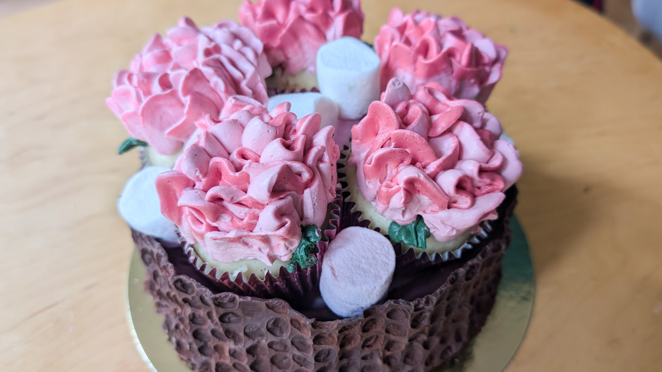 The Vaccines inspired cake pick up chocolate wheel filled with pink buttercream carnation cupcakes