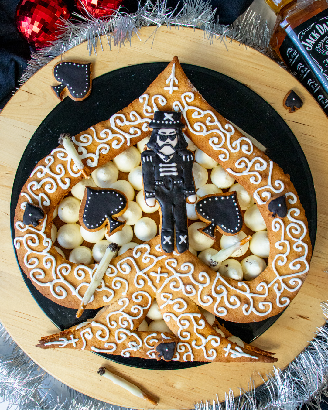 Motorhead inspired cake with gingerbread ace of spades and Lemmy Kilmister