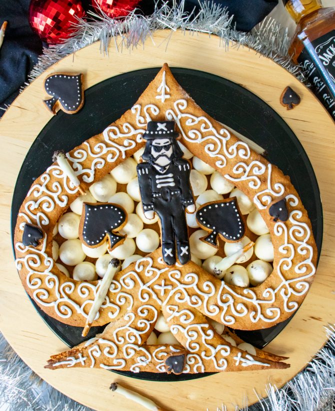 Motorhead inspired cake with gingerbread ace of spades and Lemmy Kilmister