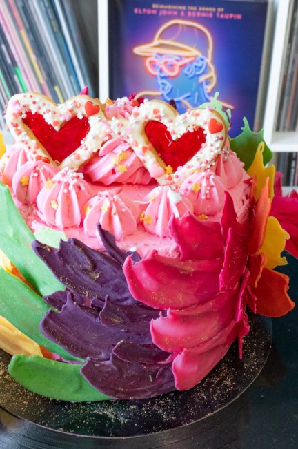 Elton John inspired rainbow cake covered with chocolate feathers