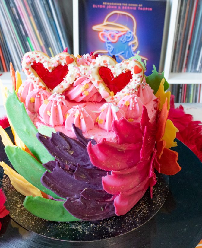 Elton John inspired rainbow cake covered with chocolate feathers