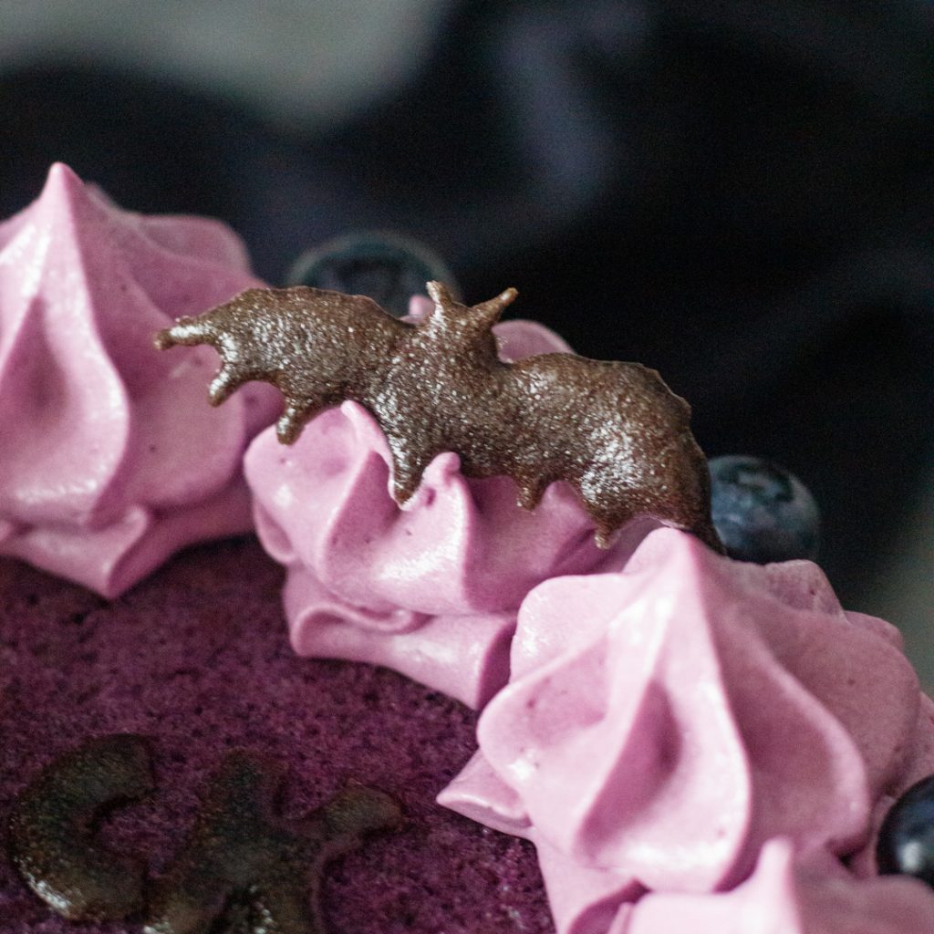 Black Sabbath inspired purple cake edible bat detail