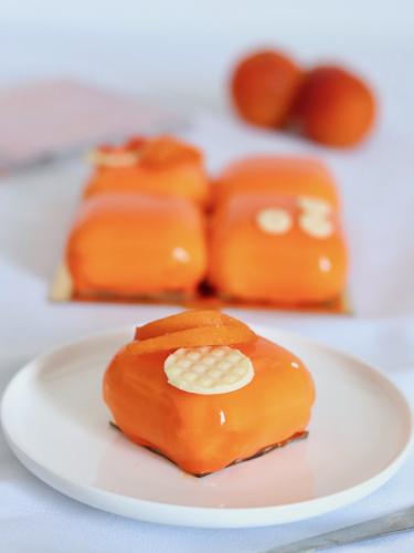 Apricot entremet with orange mirror glaze