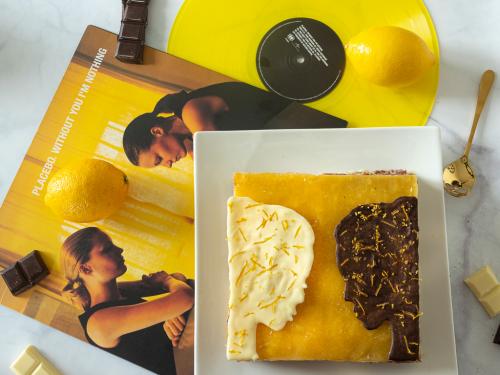 PLacebo vinyl with lemon chocolate opera cake