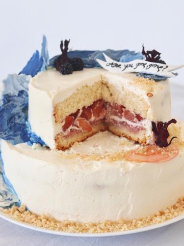 Layer cake cut open poached apples