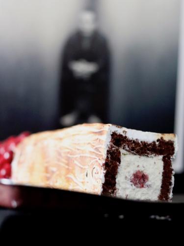 Yule log black forest cake cut