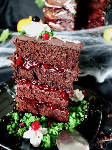 Chocolat layer cake filled with ganache and red berries slice