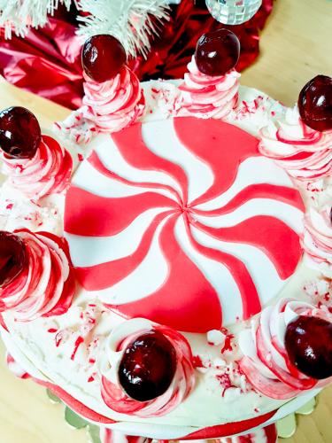 The White Stripes inspired red velvet layer cake peppermint swirl close up