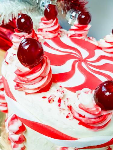 The White Stripes inspired red velvet layer cake peppermint swirl detail